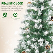Close-up of snowy branches and pine cones with 800 branches and flame-retardant icons