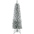 6ft white snow-flocked pencil Christmas tree on a green metal stand, studio shot