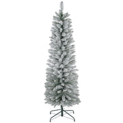 6ft white snow-flocked pencil Christmas tree on a green metal stand, studio shot