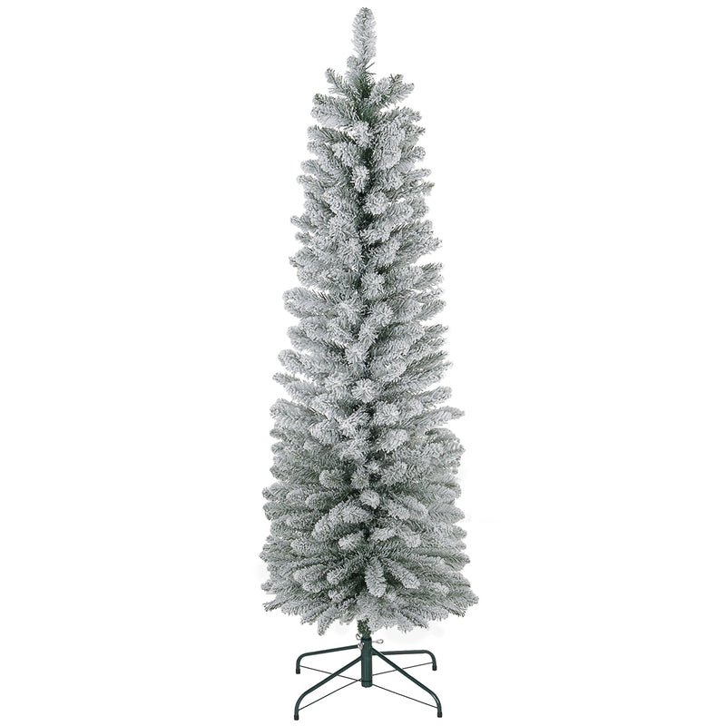 6ft white snow-flocked pencil Christmas tree on a green metal stand, studio shot