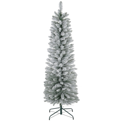 6ft white snow-flocked pencil Christmas tree on a green metal stand, studio shot