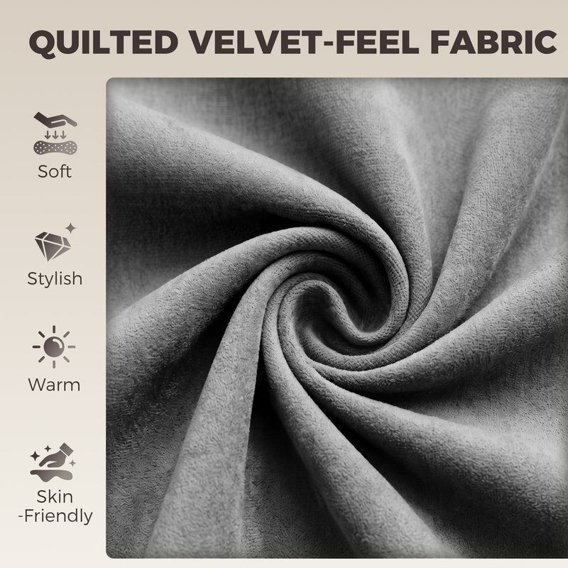 Close-up of the quilted light grey velvet-feel fabric used on the bar stool seat and back