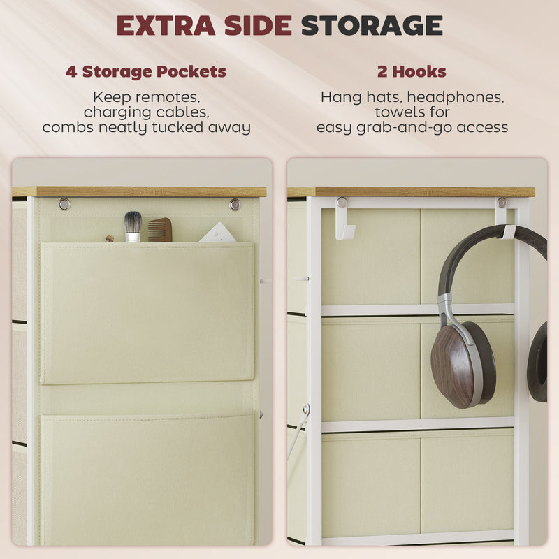 Chest of 5 Fabric Drawers with Wooden Top for Bedroom or Hallway Storage Beige