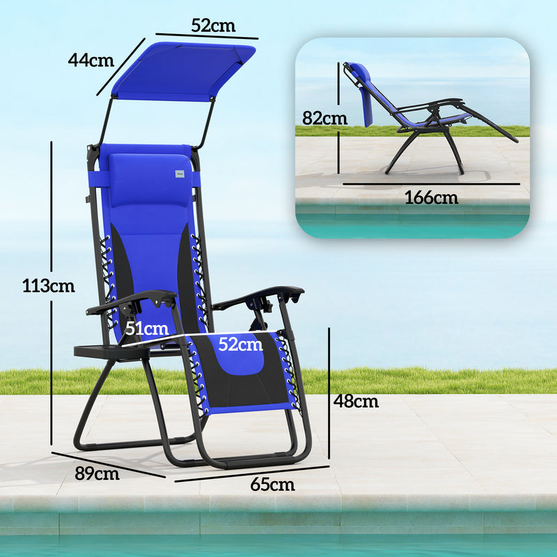 Blue Zero Gravity Outdoor Reclining Lounger Chair with Shade Cushion and Cup Holder by Outsunny