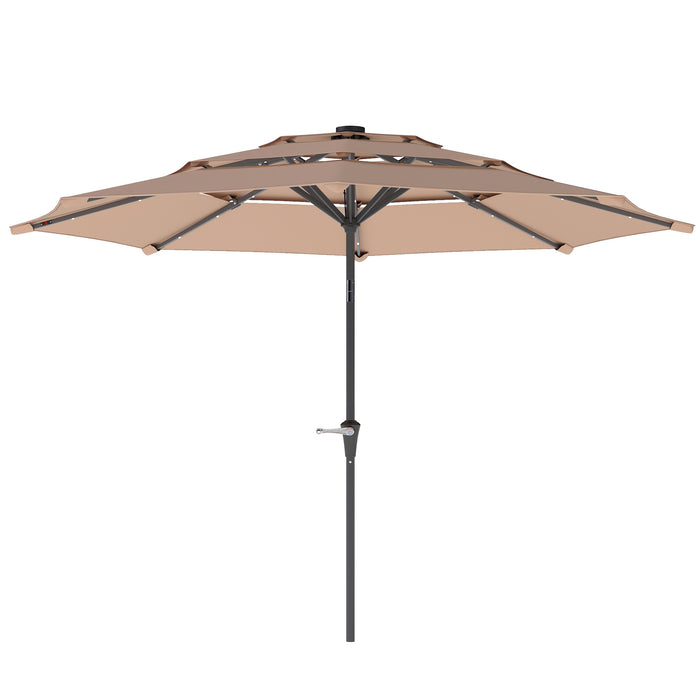 Khaki 3 Tier Garden Parasol with Solar LED Lights UPF 30 Tilt and Crank Handle by Outsunny