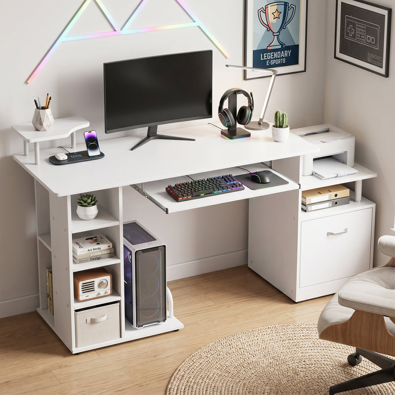 Computer Desk with Shelves and Drawer for Organised Home Workspace White Wood Effect
