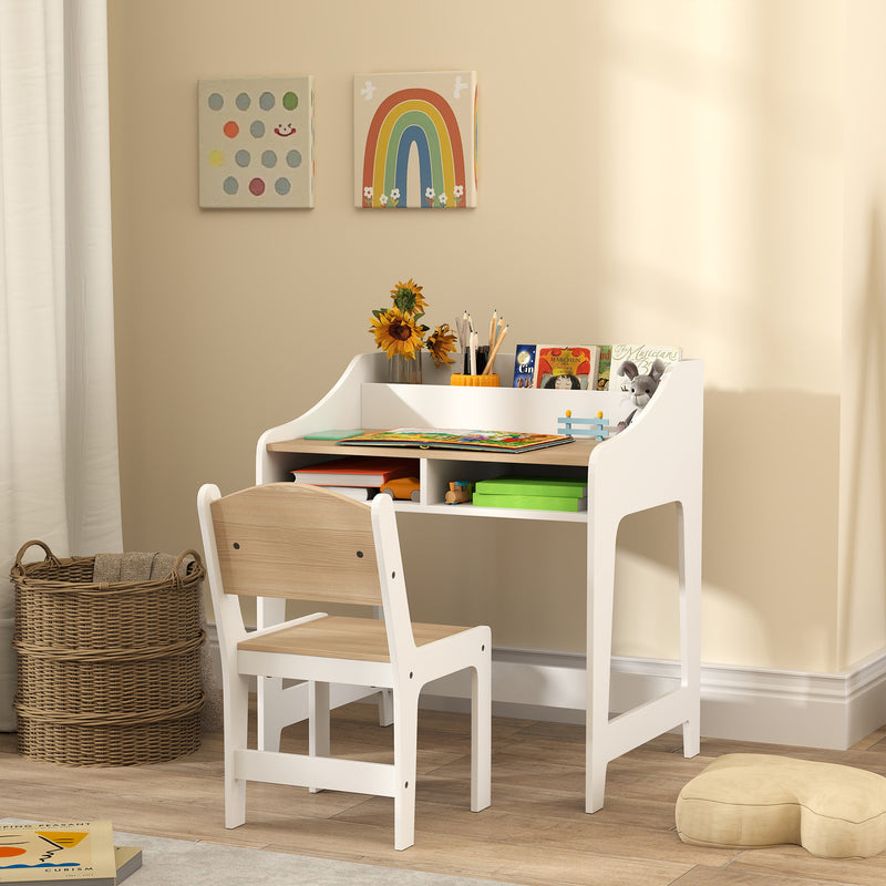 Kids Desk and Chair Set with Storage for Homework and Crafts Ages 3–8 Natural and White AOSOM