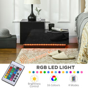 Black High Gloss Bedside Table with RGB LED Lights and Storage Drawers for Bedroom