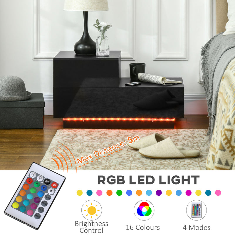 Black High Gloss Bedside Table with RGB LED Lights and Storage Drawers for Bedroom