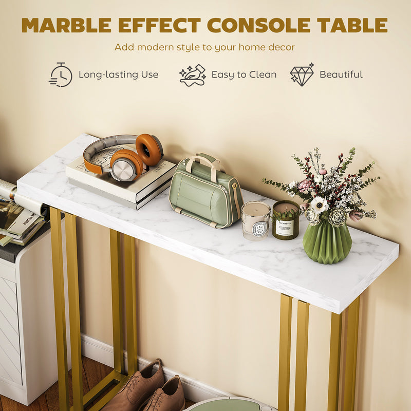 Narrow Console Table with Faux Marble Top and Anti Tip Design for Hallways White