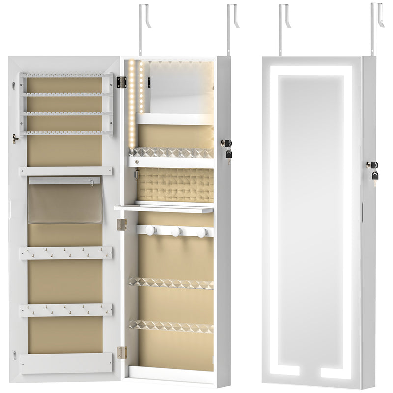 Jewellery Storage Cabinet with Full Length Mirror and LED Lights Wall or Door Mounted White
