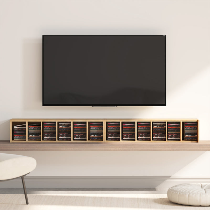 CD Storage Shelves Set of 2 for Organising Media with Adjustable Compartments Natural Wood Finish