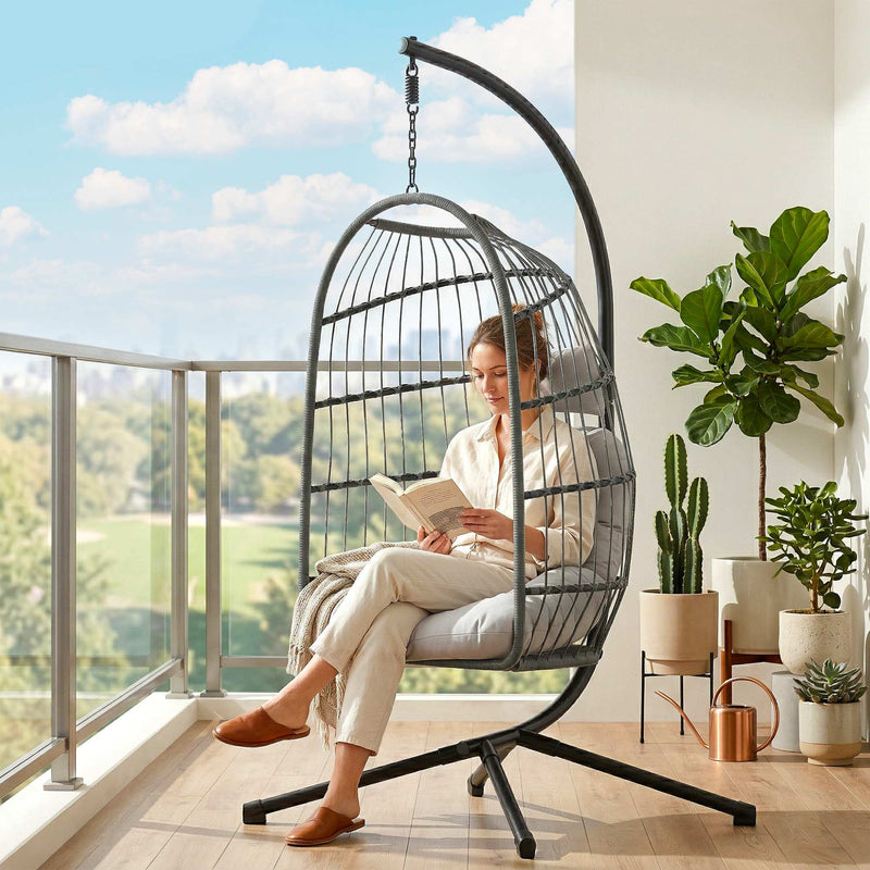 Grey Hanging Egg Chair with Stand for Relaxing Indoors or Outdoors Foldable Basket