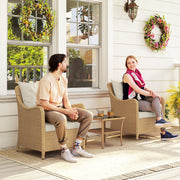 Set of 2 Rattan Garden Armchairs With Cushions and High Backs for Patio or Balcony, Beige