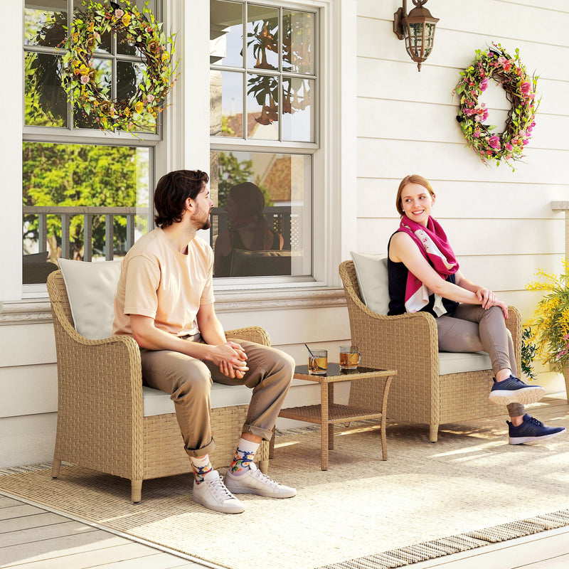Set of 2 Rattan Garden Armchairs With Cushions and High Backs for Patio or Balcony, Beige