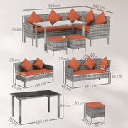 4 Seater Rattan Garden Sofa Dining Set with Cushions and Table for Family Gatherings, Mixed Grey/Orange Outsunny