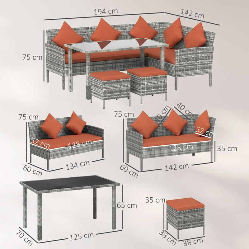 4 Seater Rattan Garden Sofa Dining Set with Cushions and Table for Family Gatherings, Mixed Grey/Orange Outsunny