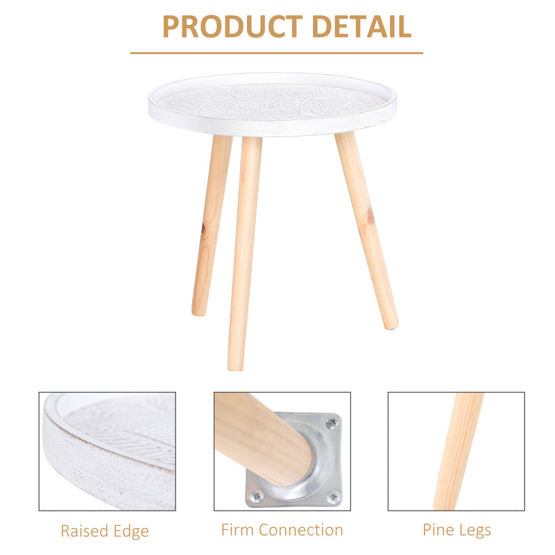 Round Wooden Coffee Tables With Carved Floral Tops Set of 2 Ideal for Living Rooms White