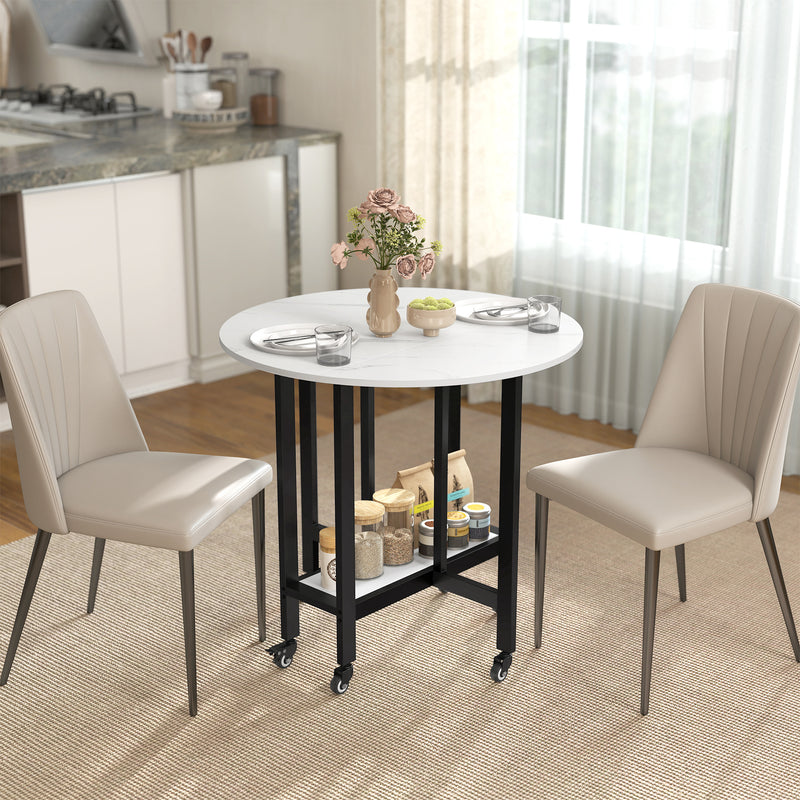 Folding Dining Table with Storage Shelf for Small Spaces on Wheels White Marble AOSOM