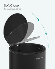 Foot pedal mechanism on the ink black steel bathroom bin