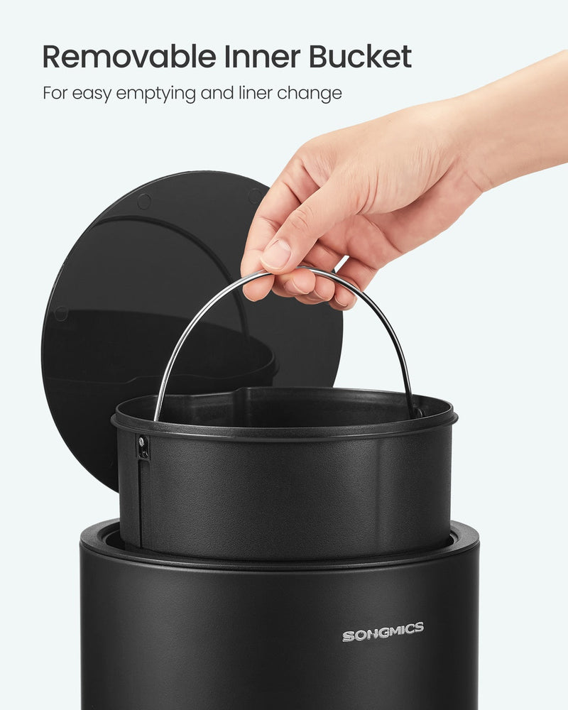 Ink black bathroom bin styled in a bathroom setting