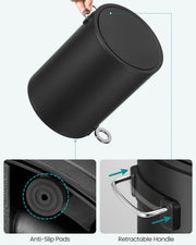 Ink black bathroom bin placed beside a bathroom vanity