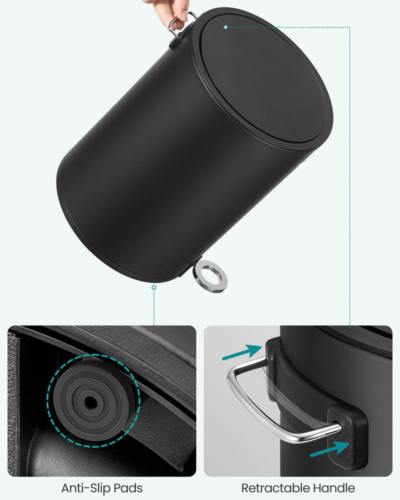 Ink black bathroom bin placed beside a bathroom vanity