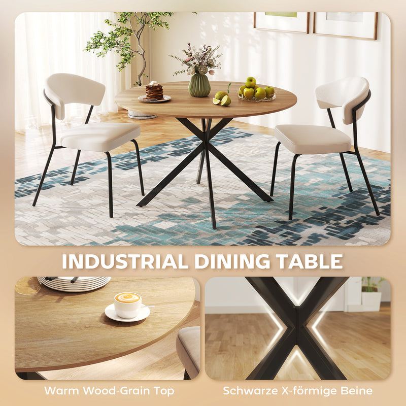 4 Seat Round Dining Table Industrial Style with Wood Effect Top and Black Steel Frame for Kitchen