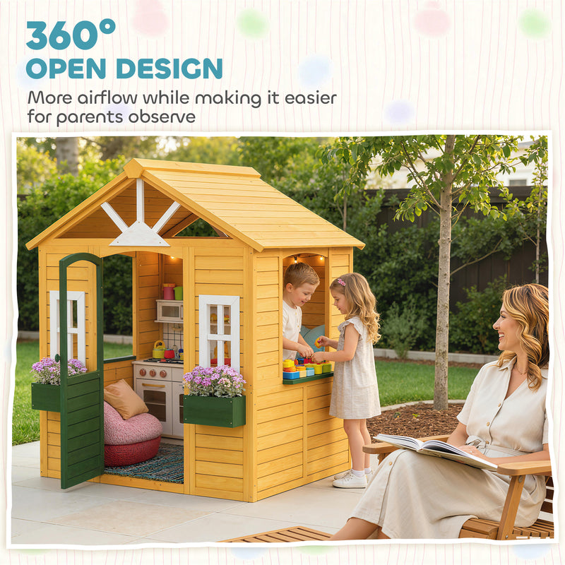 Wooden Garden Playhouse for Children with Spacious Interior and Flower Boxes Brown AOSOM