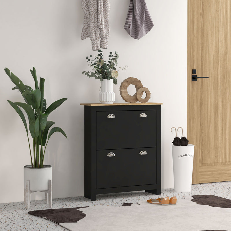 2 Drawer Wooden Shoe Cabinet With Flip Doors Fits 12 Pairs Ideal For Hallways, Black