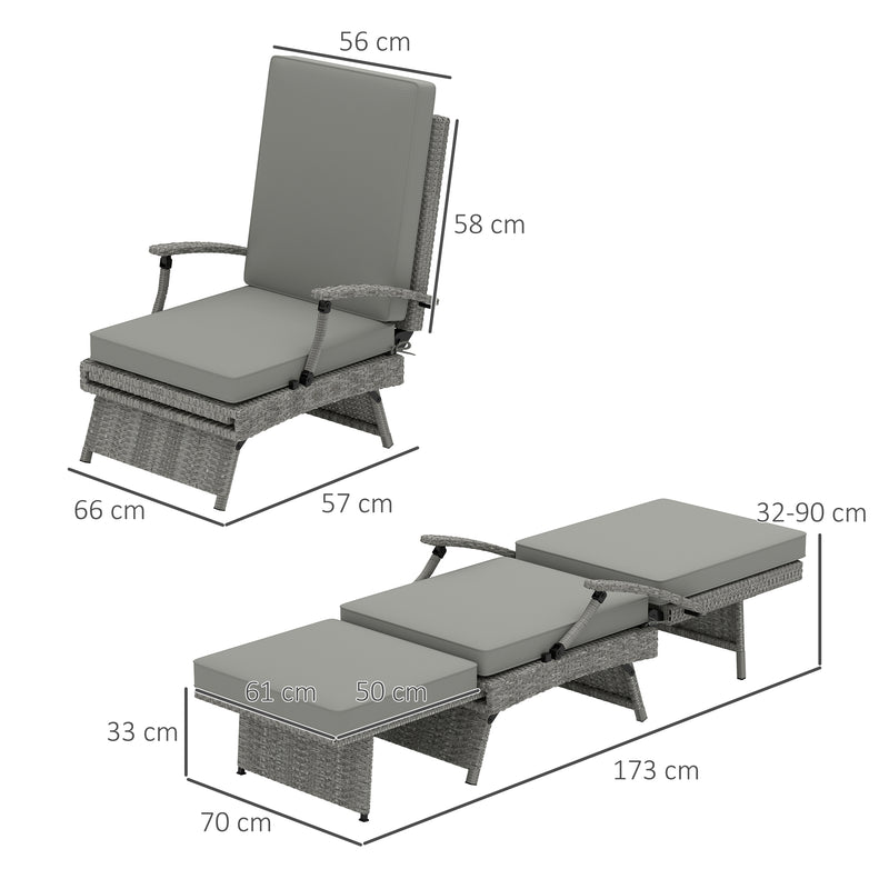Grey Wicker Reclining Sun Lounger With Cushion for Garden, Pool, and Patio by Outsunny