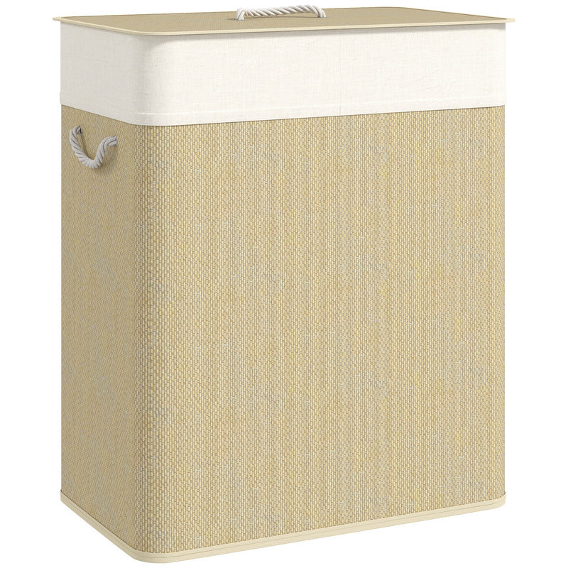 Cream 100L Double Laundry Basket with Lid and Removable Liner for Bathroom