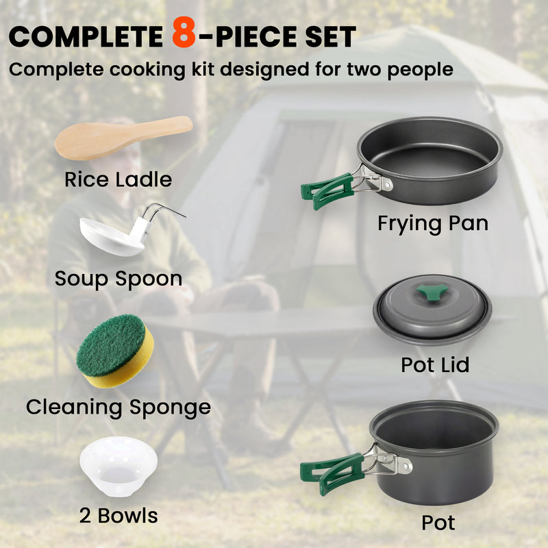Camping Cookware Set for Two with Quick-Heating Pans and Space-Saving Nesting Design Grey Green