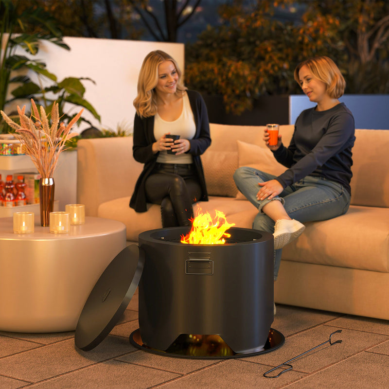Black Outdoor Round Fire Pit with Poker and Mesh Lid for Garden Heating by Outsunny
