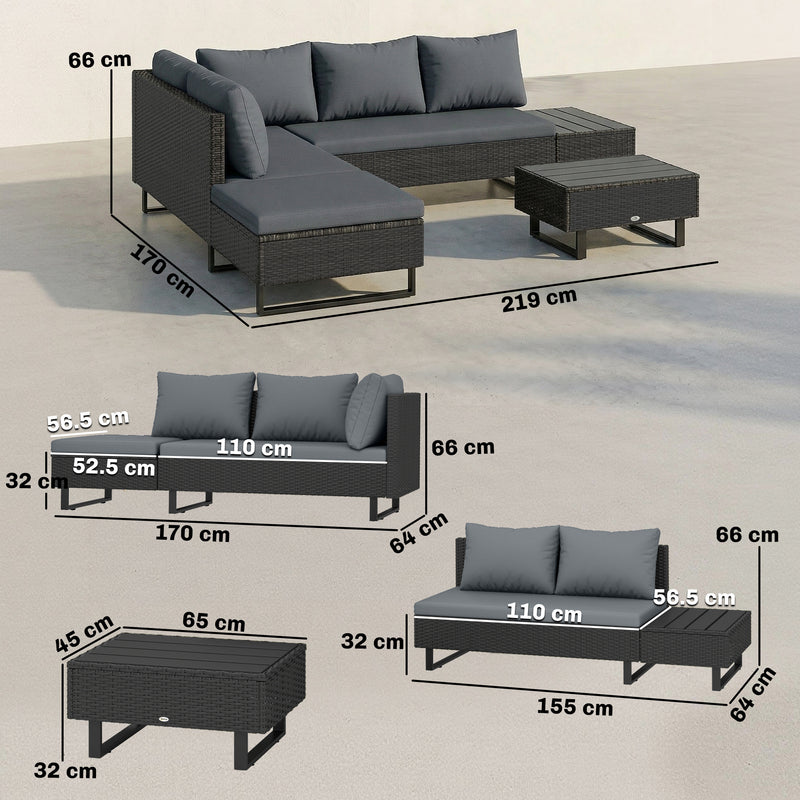 Adjustable Garden Corner Sofa Set with Reclining Backrest and Removable Cushions For Outdoor Relaxation, Dark Grey