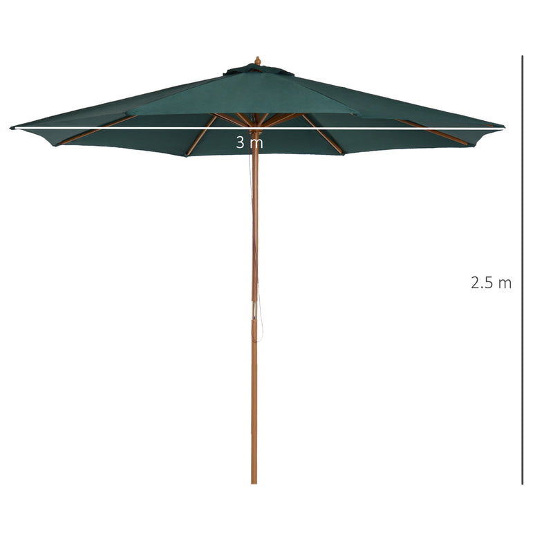 Dark Green 3m Wooden Garden Parasol With Pulley System For Stylish Patio Shade