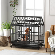 Heavy Duty Dog Crate with Wheels and Removable Tray for Large Dogs Open Top Black