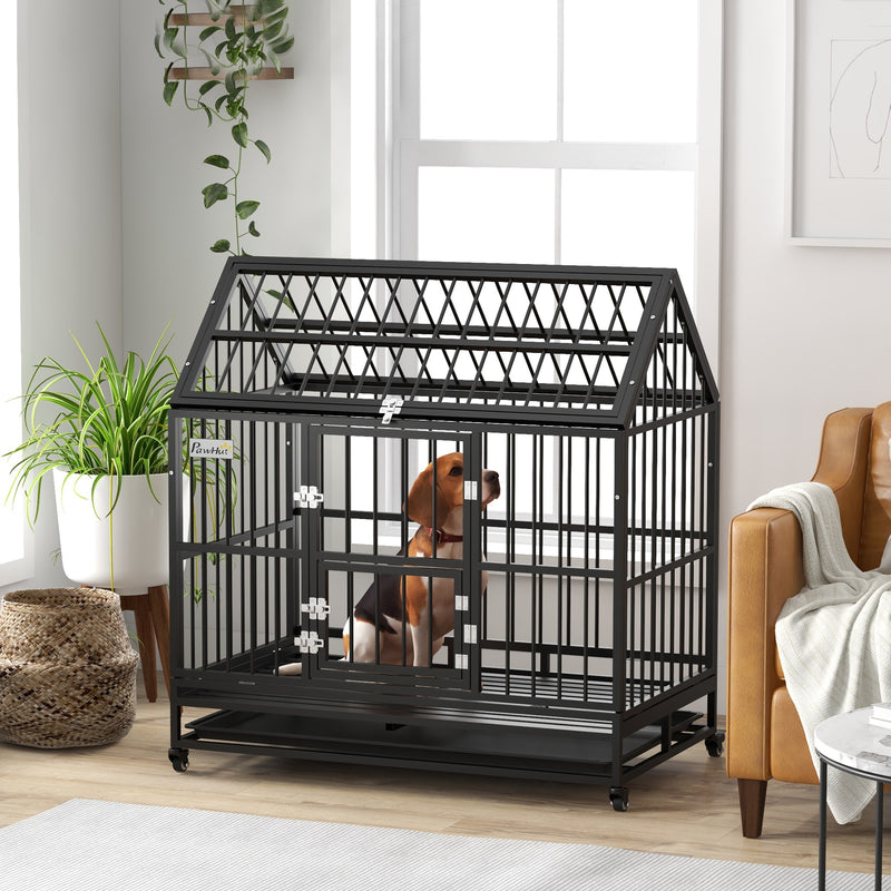 Heavy Duty Dog Crate with Wheels and Removable Tray for Large Dogs Open Top Black
