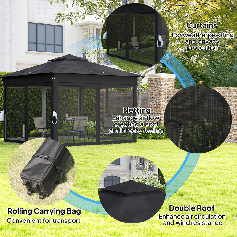 Black 3 x 3m Pop Up Gazebo With Solar LED Lights and Netting by Outsunny