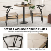 Set of 2 Black Beige Weave Dining Chairs with Y Backrest and Comfy Hemp Seat