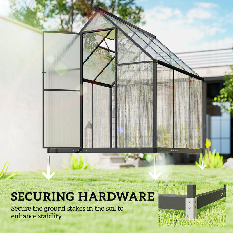 Walk-In Polycarbonate Greenhouse 6x6.5ft | Aluminium Frame, Roof Vent & Rain Gutter – Black Outsunny