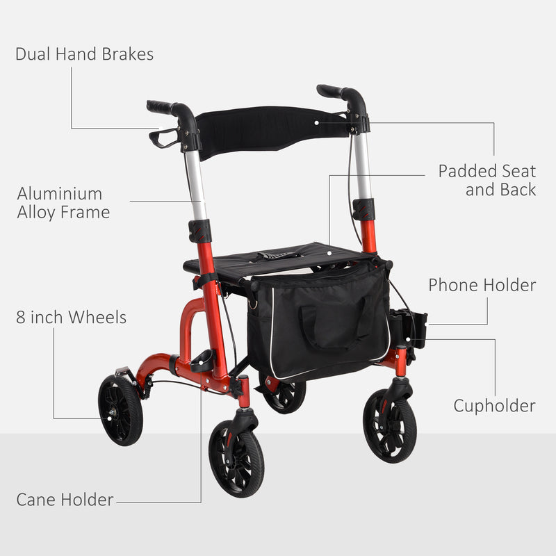Rollator Walker with Padded Seat and Storage for Resting on Walks and Shopping Red