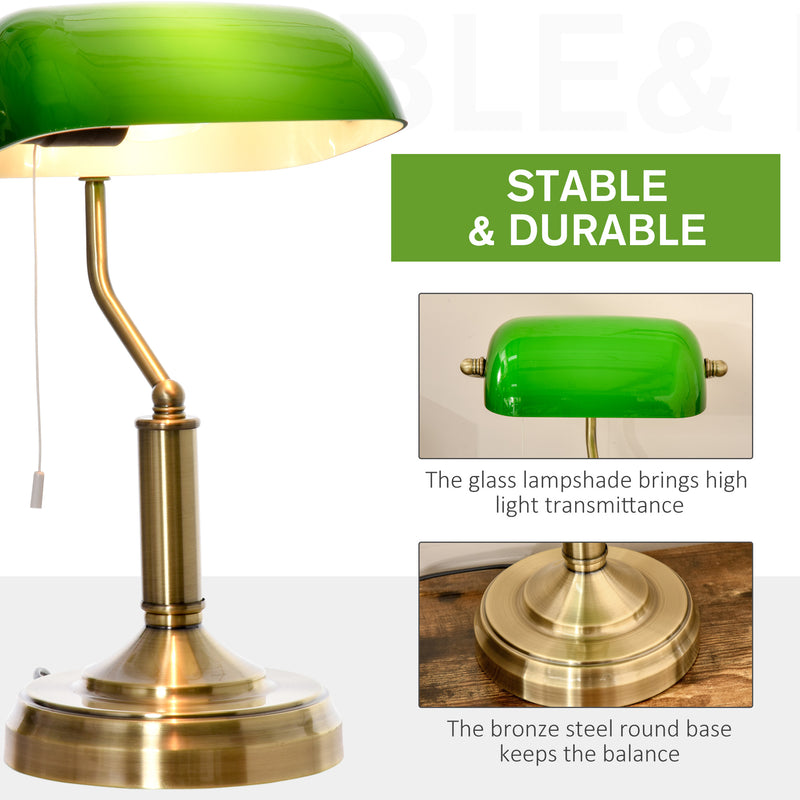HOMCOM Banker's Table Lamps Set of 2, Desk Lamps with Antique Bronze Tone Base, Green Glass Shade and Pull Rope Switch for Home Office, Living Room, Bedroom, Dining Room, Green AOSOM