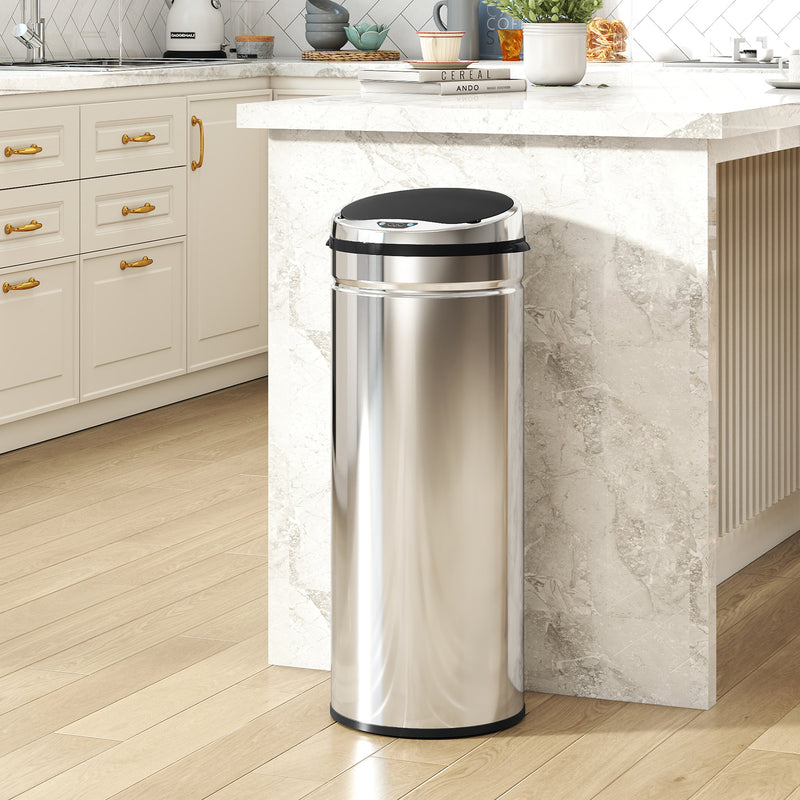 50L Stainless Steel Automatic Sensor Bin With Touchless Lid For Kitchen Or Office Use, Silver
