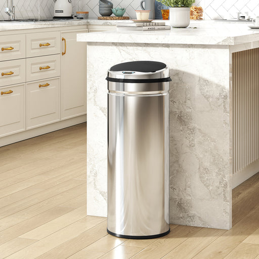 50L Stainless Steel Automatic Sensor Bin With Touchless Lid For Kitchen Or Office Use, Silver