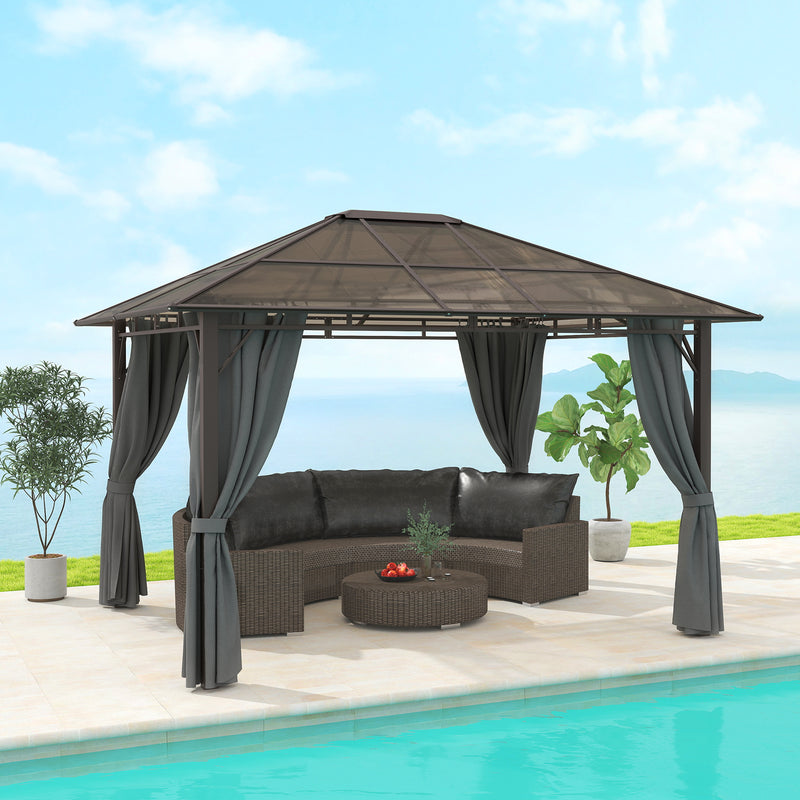 Grey 3 x 3.6m Hardtop Gazebo with Polycarbonate Roof and Curtains by Outsunny