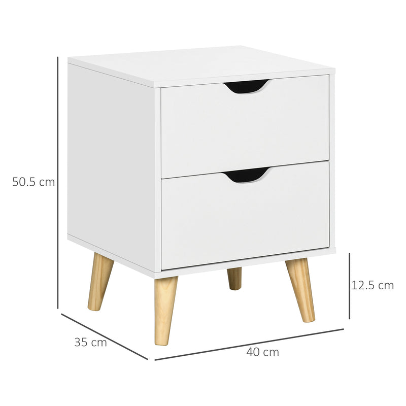 White Bedside Table with 2 Drawers and Pine Wood Legs for Bedroom or Living Room by HOMCOM