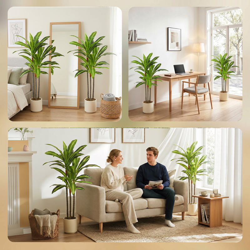 Artificial Dracaena Trees Set of 2 for Easy Maintenance Indoor Greenery with White Planters Green
