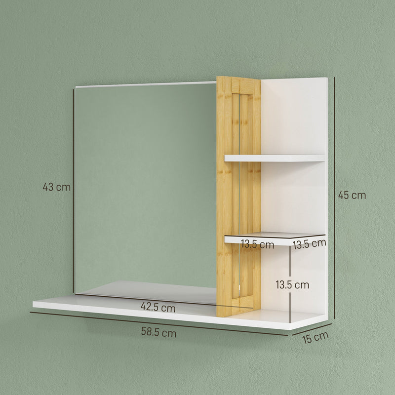 White Bathroom Mirror With Bamboo Frame And Storage Shelves For Modern Interiors