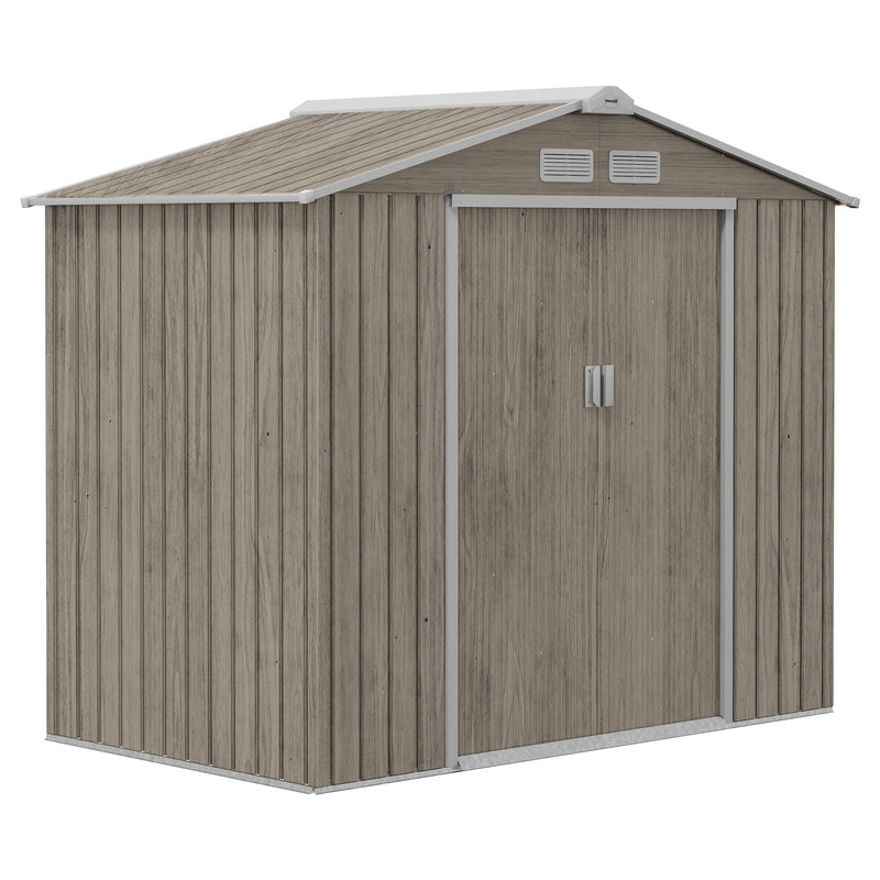 Light Brown 7 x 4ft Metal Garden Shed With Lockable Double Doors And Floor Foundation